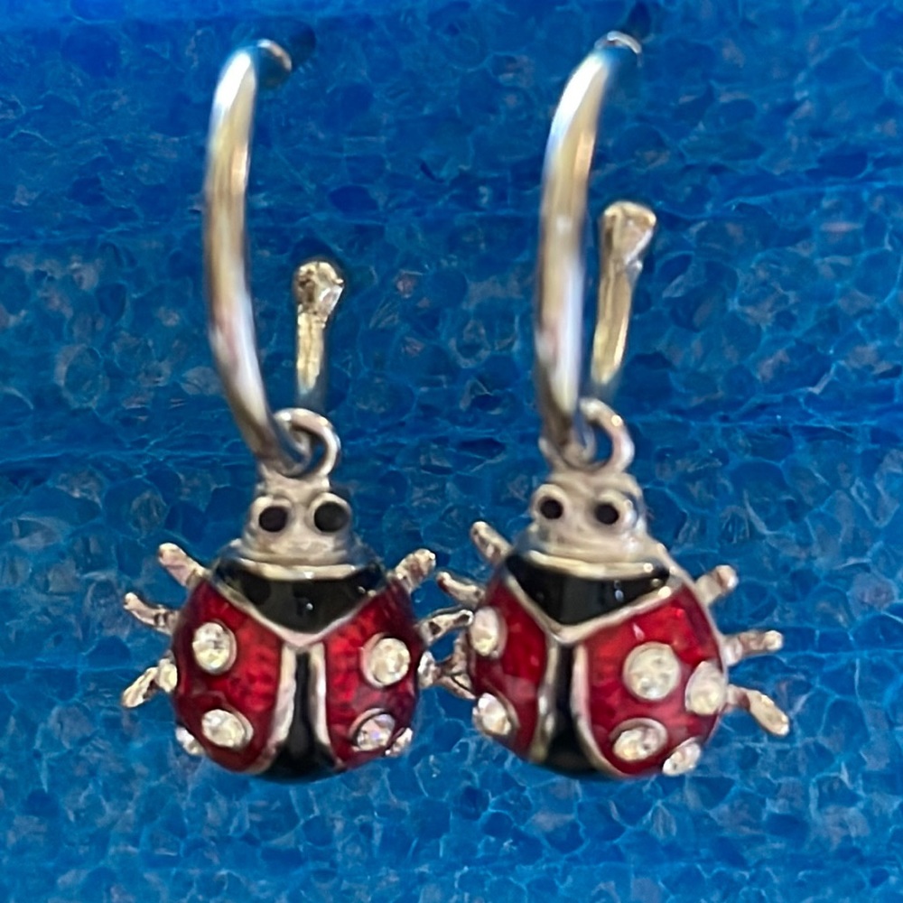 ATI 925 Sterling silver enamel ladybug charm hoop earrings
